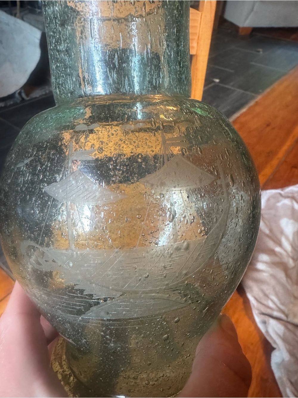 Aqua bubble glass handblown vase with boat etching very rare HTF EUC